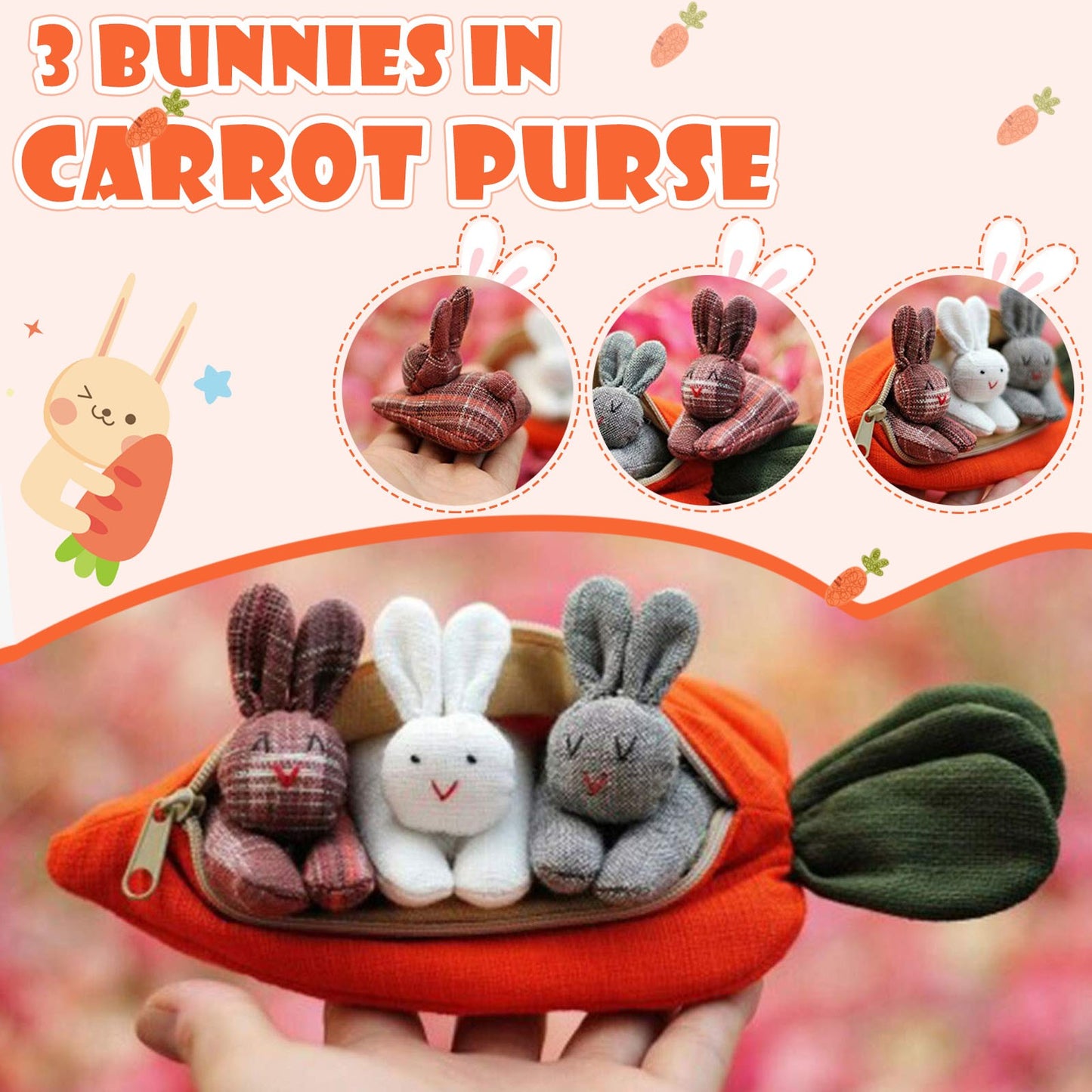 3 Bunnies in Carrot Purse Rabbit Carrot Wallet Bunny Decor