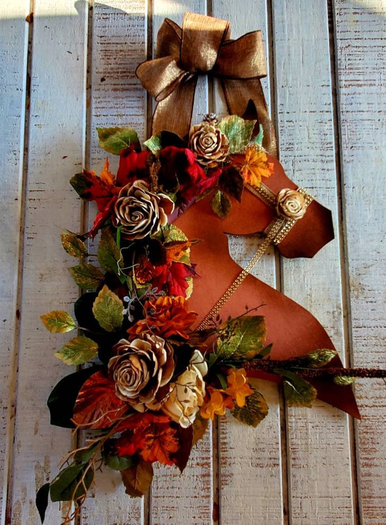 Autumn Wood Flower Horse Head Wall Art Or Door Hanger - Thanksgiving Welcome Home Entry Way Equine Wreath