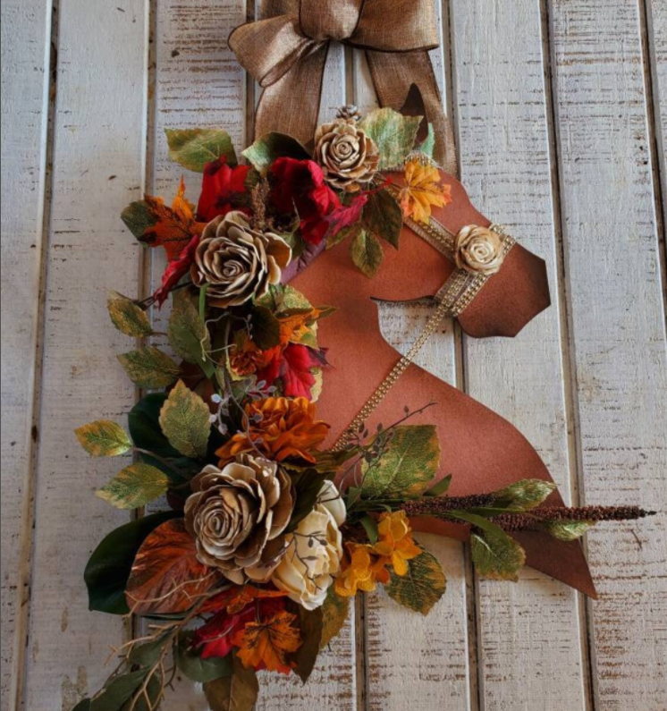 Autumn Wood Flower Horse Head Wall Art Or Door Hanger - Thanksgiving Welcome Home Entry Way Equine Wreath