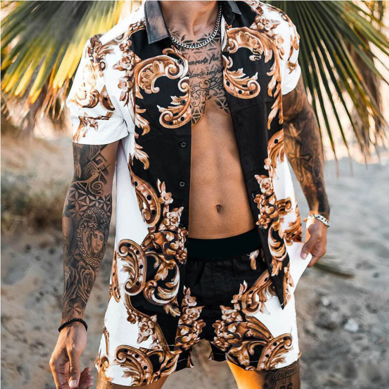2021 Summer Beach Wind Loose Shirt Hawaii Casual Set Men's Print Two-piece Set