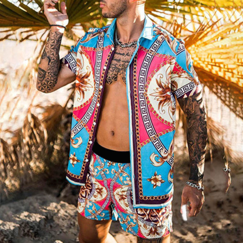 2021 Summer Beach Wind Loose Shirt Hawaii Casual Set Men's Print Two-piece Set