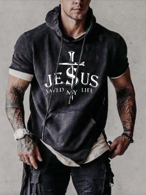 Jesus print short sleeve hoodie
