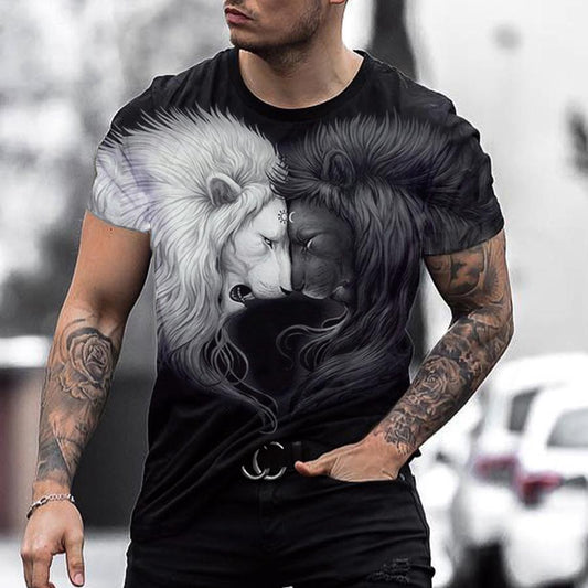 Fashion black and white lion short sleeve round neck T-shirt