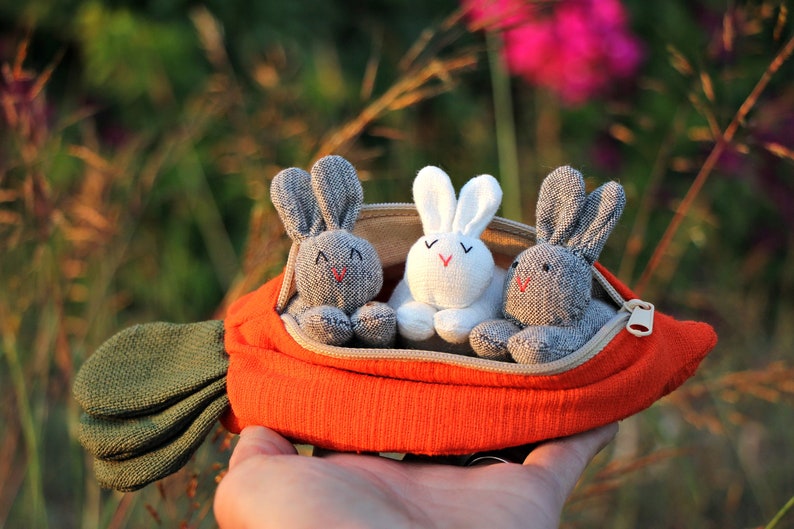 3 Bunnies in Carrot Purse Rabbit Carrot Wallet Bunny Decor